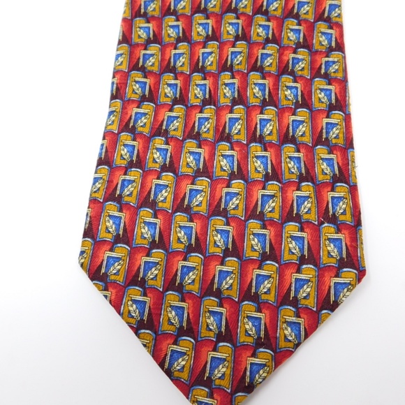 Ermenegildo Zegna Mens Necktie Multicolor Red Blue 100% Silk Geometric Tie - Picture 1 of 4